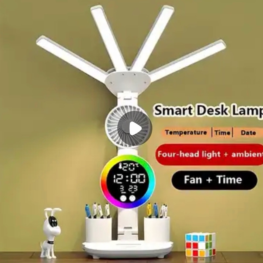 Smart Touch LED Desk Lamp with USB - Dual Head, Dimmable, Fan NIB - Picture 1 of 8
